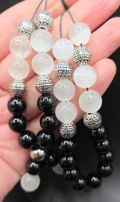 Black Tourmaline and Selenite Komboloi - Greek Worry beads