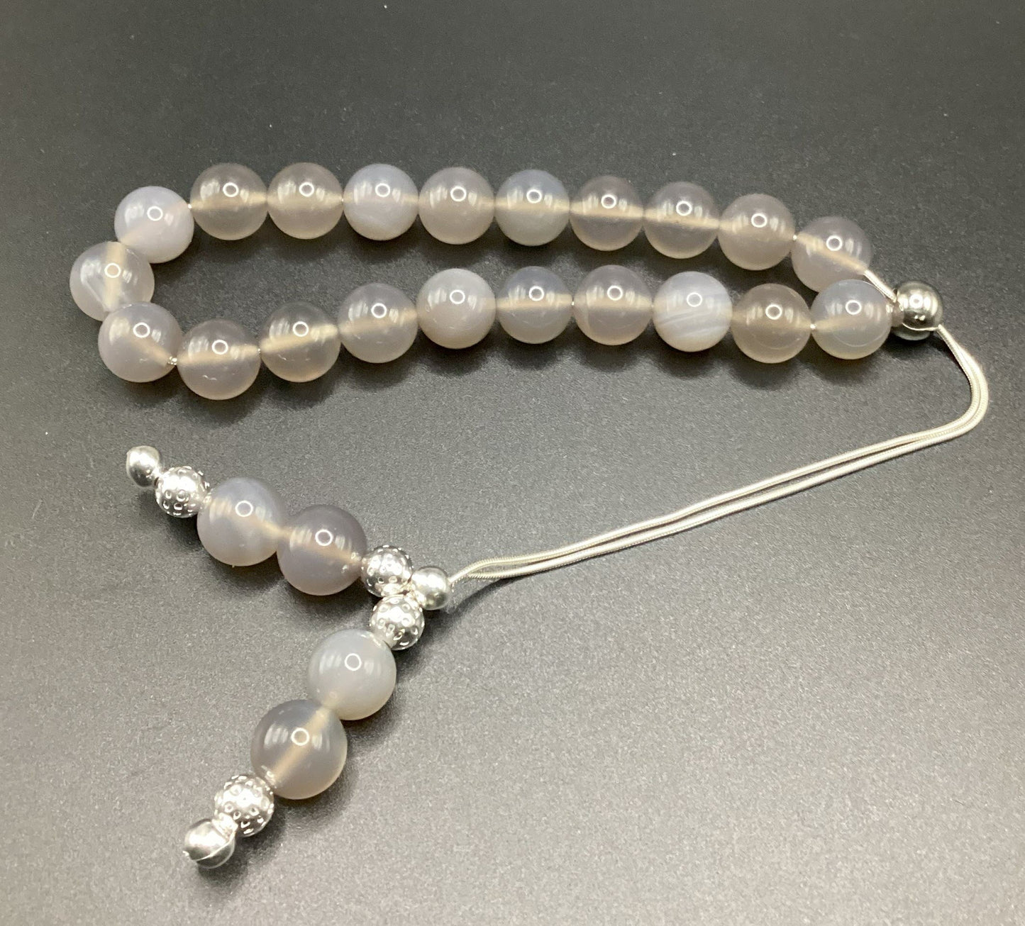 Grey Chalcedony Sterling Silver Komboloi - Greek Worry Beads