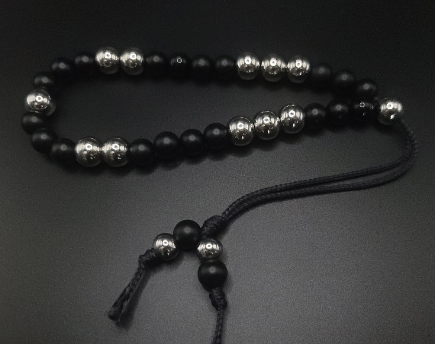 Matte Black Onyx & Stainless Steel Komboloi - Greek Worry Beads