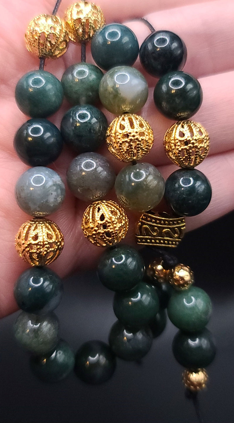 Moss Agate and Gold Filigree Komboloi - Greek Worry Beads