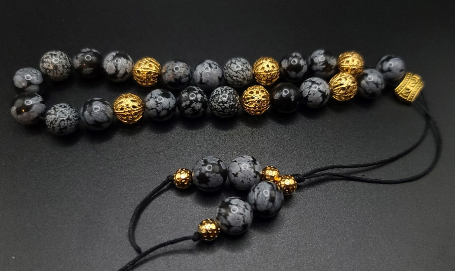 Snowflake Obsidian and Gold Filigree Komboloi - Greek Worry Beads