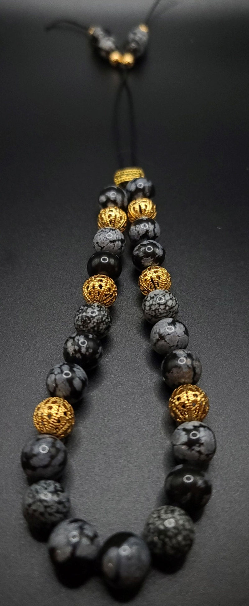 Snowflake Obsidian and Gold Filigree Komboloi - Greek Worry Beads