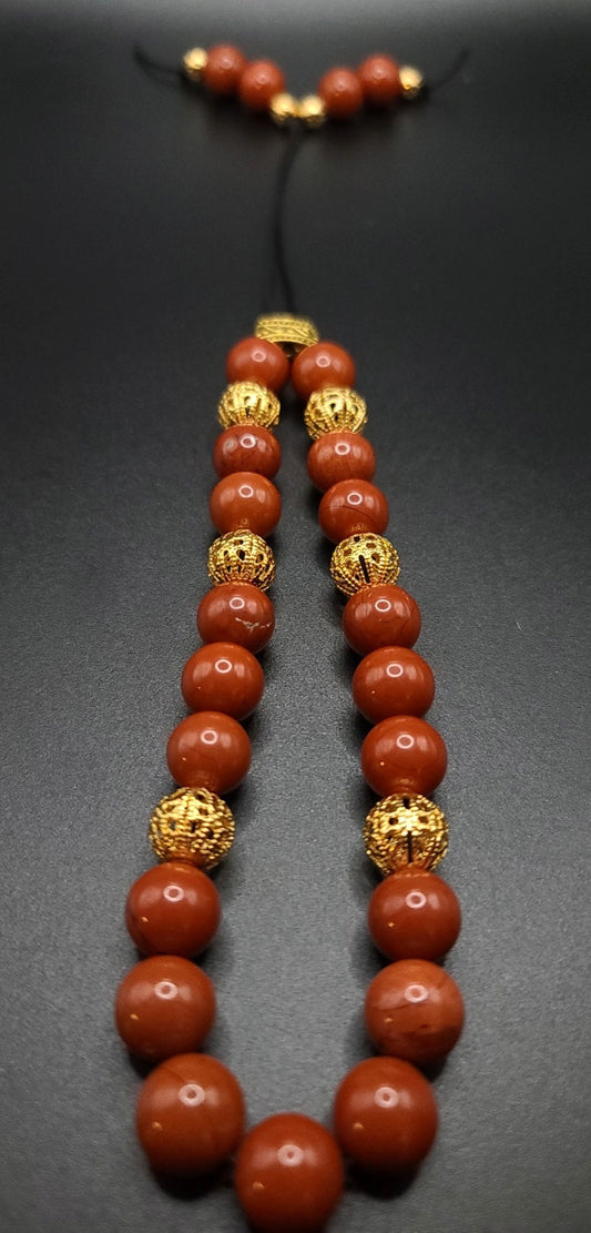 Red Jasper and Gold Filigree Komboloi - Greek Worry Beads