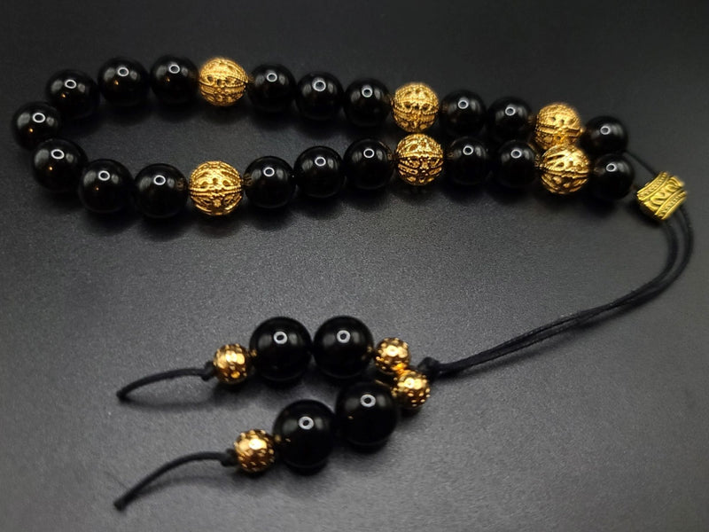 Black Obsidian and Gold Filigree Komboloi - Greek Worry Beads