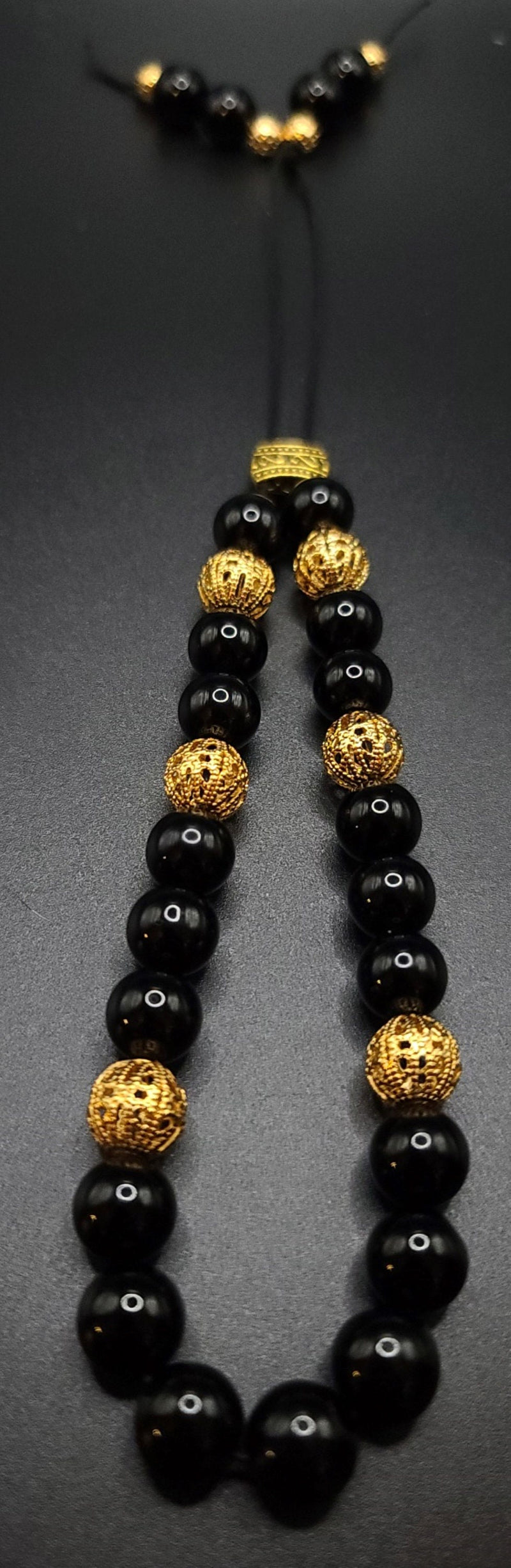 Black Obsidian and Gold Filigree Komboloi - Greek Worry Beads