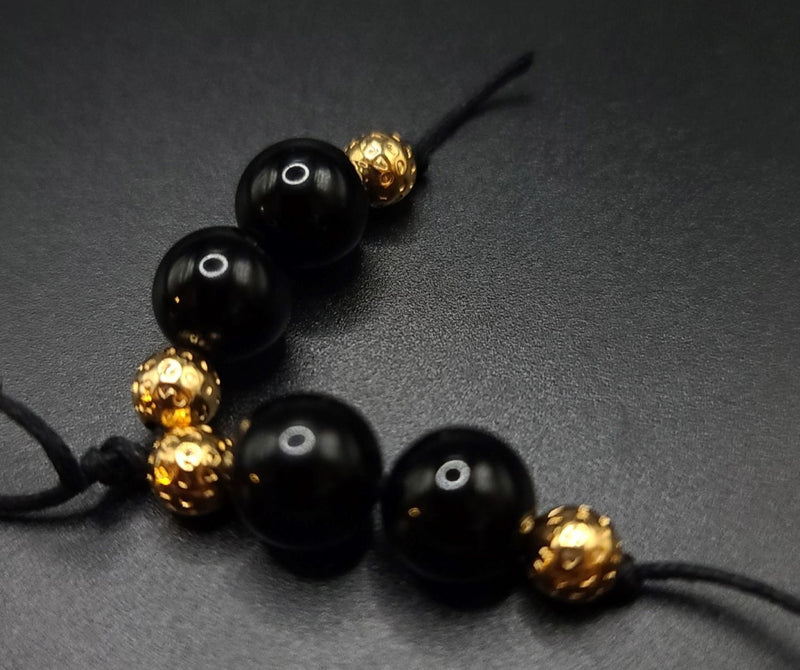 Black Obsidian and Gold Filigree Komboloi - Greek Worry Beads