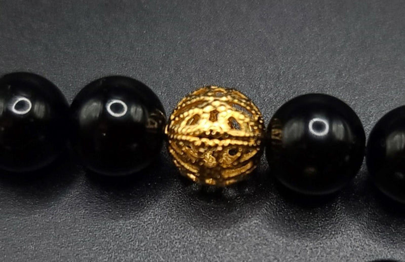 Black Obsidian and Gold Filigree Komboloi - Greek Worry Beads