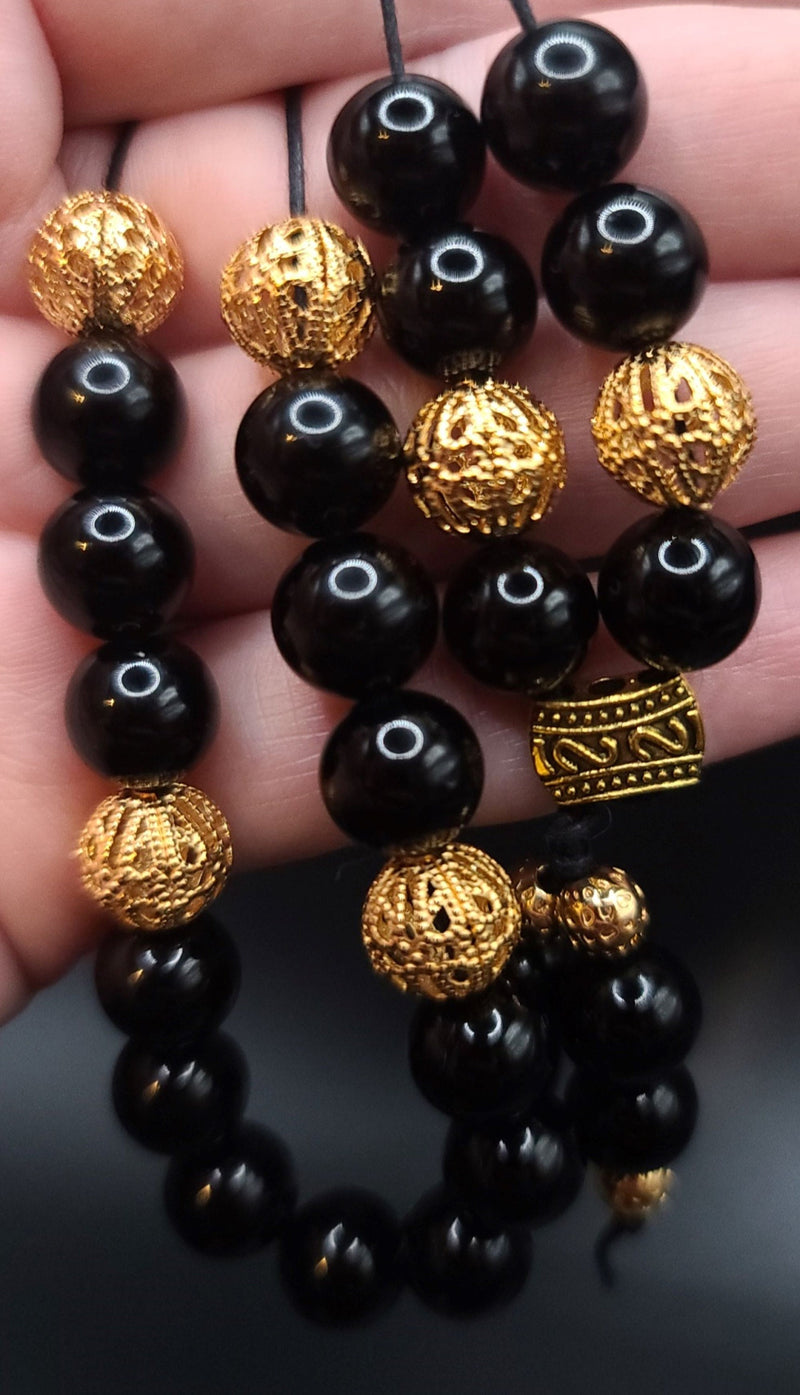 Black Obsidian and Gold Filigree Komboloi - Greek Worry Beads