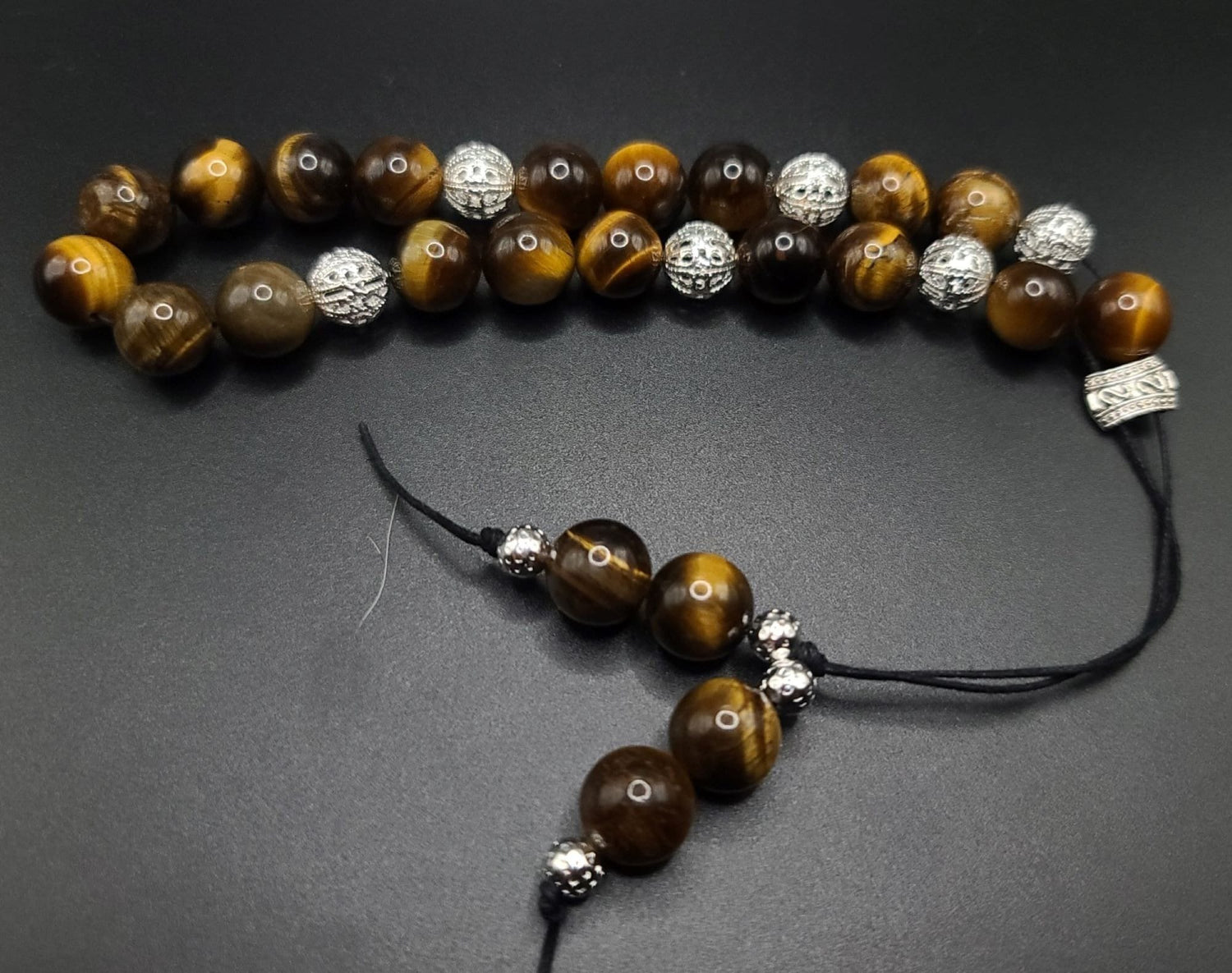 Tiger Eye and Silver Filigree Komboloi - Greek Worry Beads