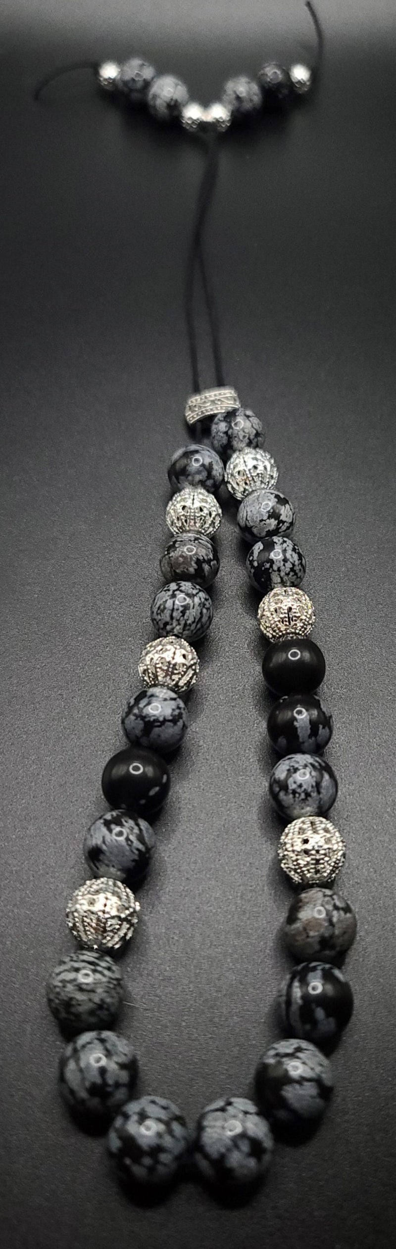 Snowflake Obsidian and Silver Filigree Komboloi - Greek Worry Beads