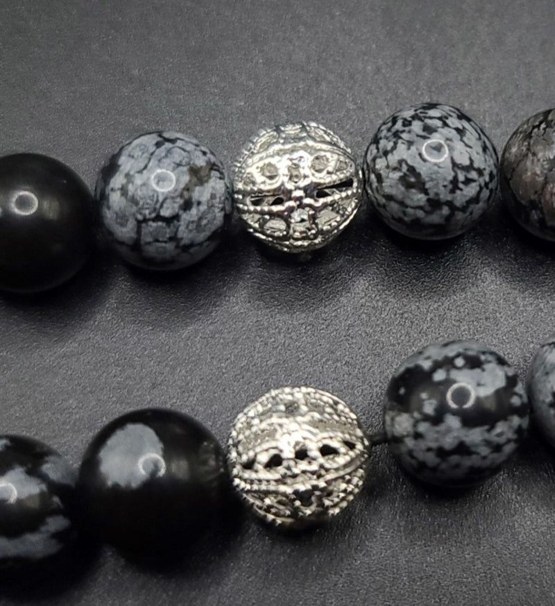 Snowflake Obsidian and Silver Filigree Komboloi - Greek Worry Beads