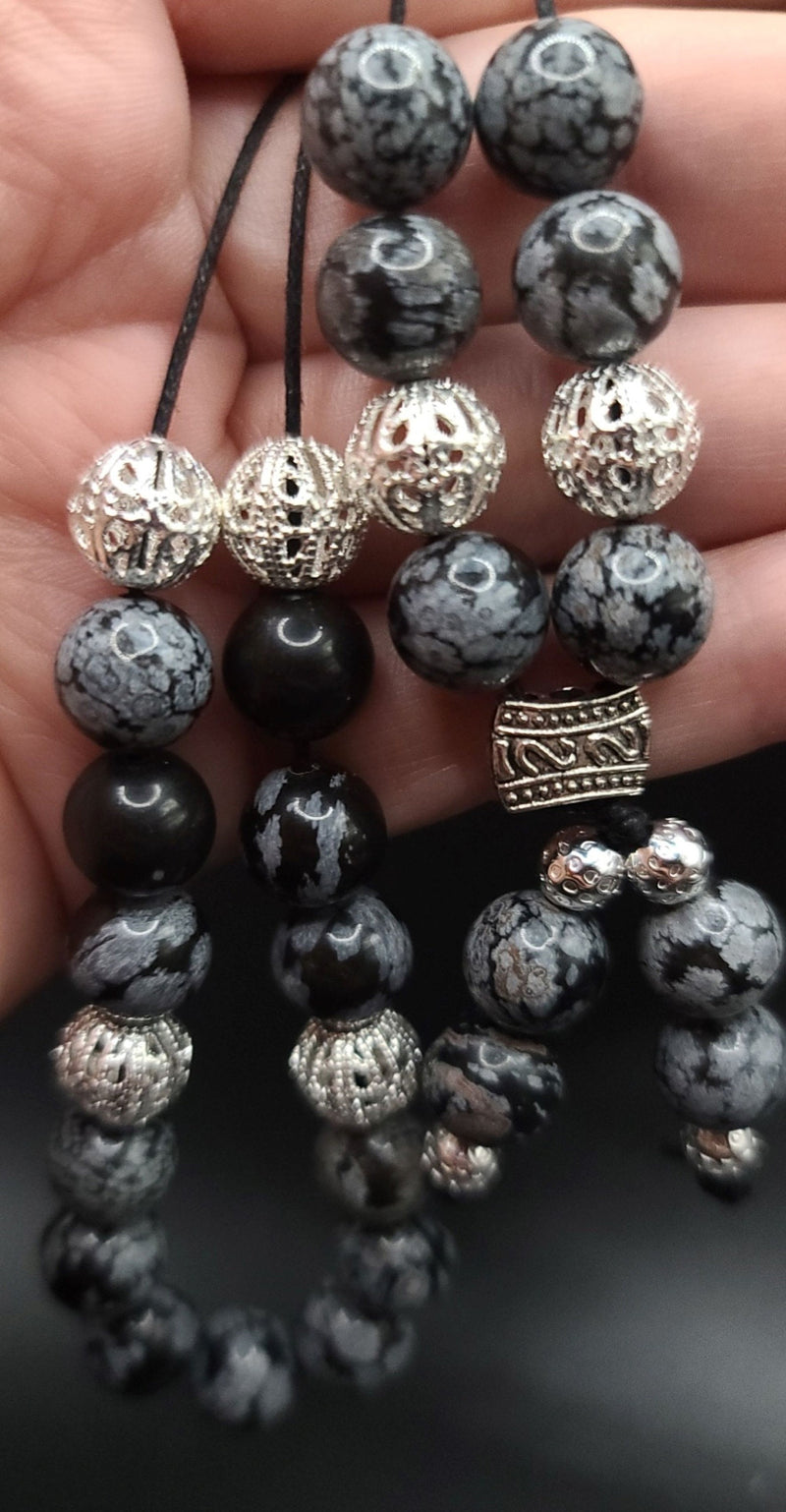 Snowflake Obsidian and Silver Filigree Komboloi - Greek Worry Beads