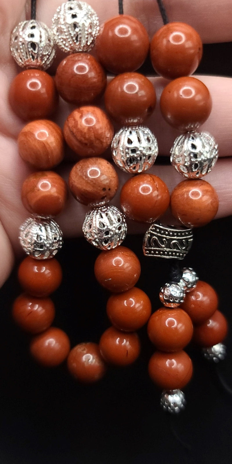 Red Jasper and Silver Filigree Komboloi - Greek Worry Beads