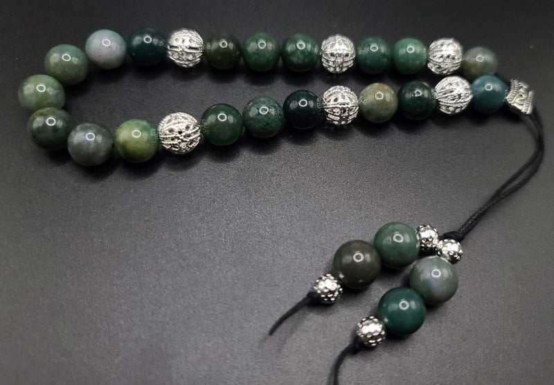 Moss Agate and Silver Filigree Komboloi - Greek Worry Beads