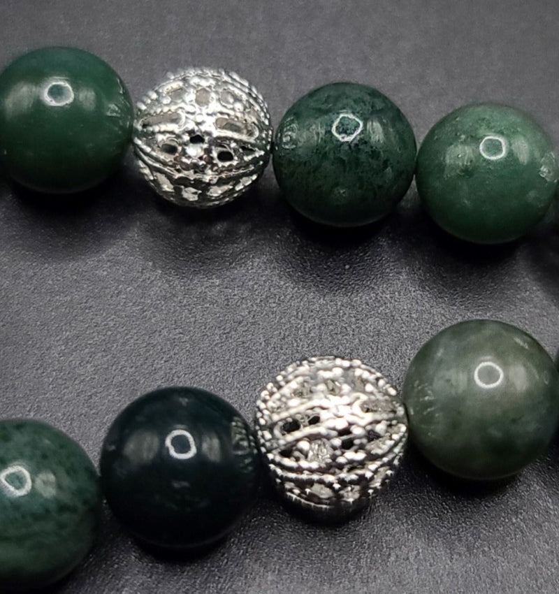 Moss Agate and Silver Filigree Komboloi - Greek Worry Beads