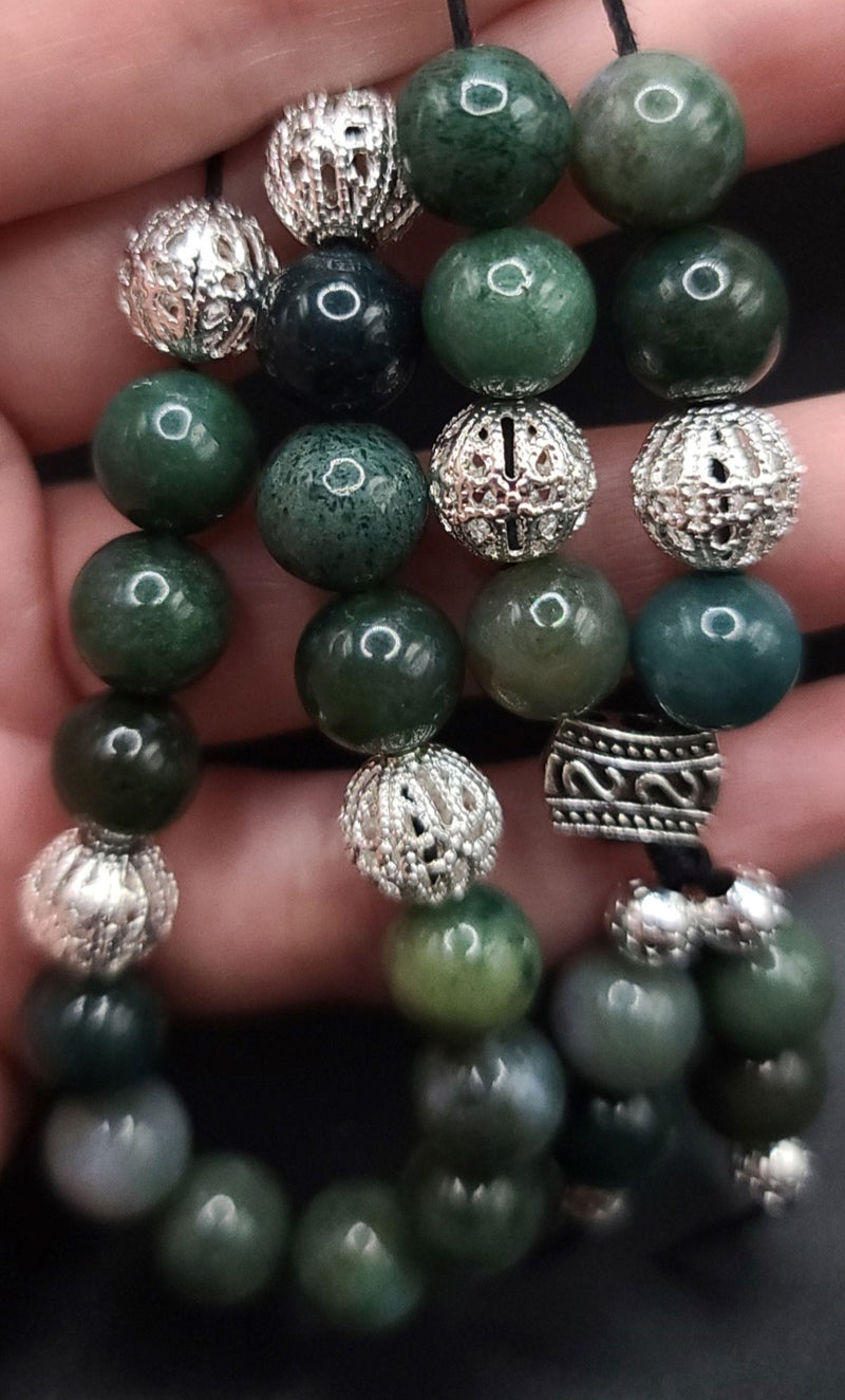 Moss Agate and Silver Filigree Komboloi - Greek Worry Beads