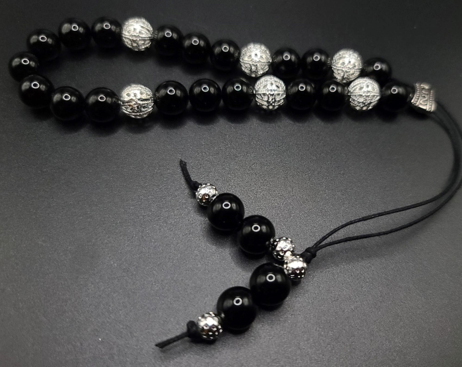 Black Obsidian and Silver Filigree Komboloi - Greek Worry Beads