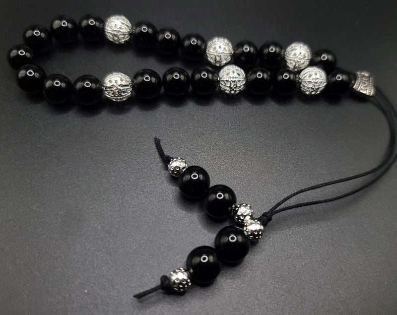 Black Obsidian and Silver Filigree Komboloi - Greek Worry Beads