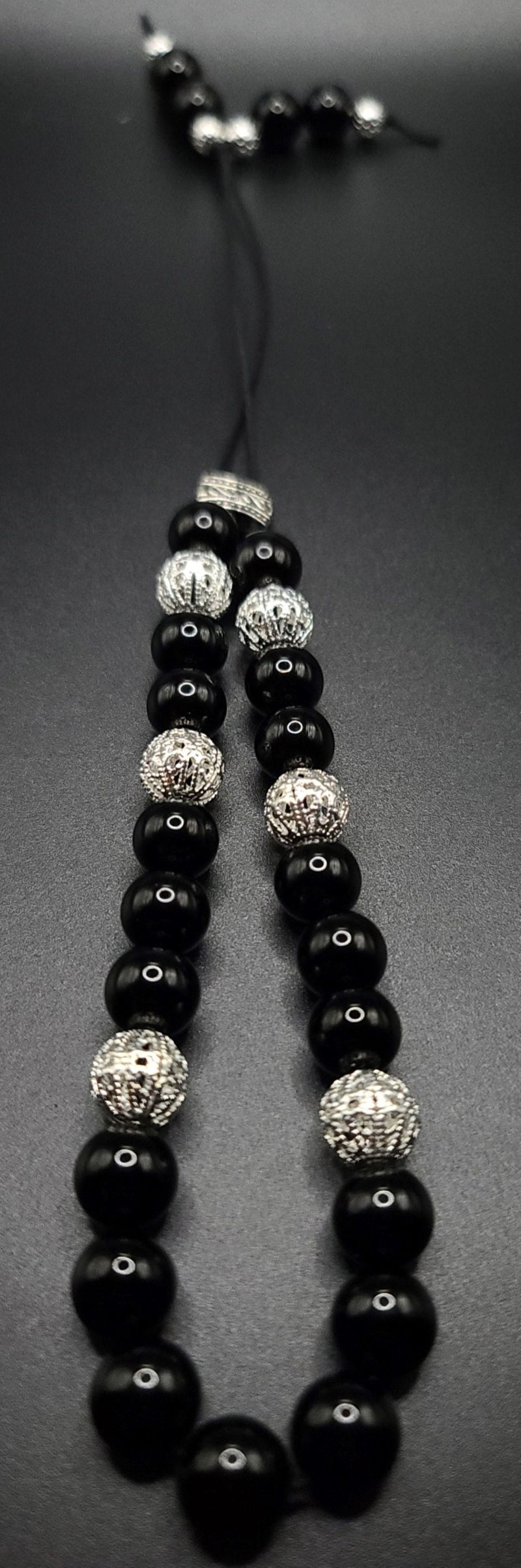 Black Obsidian and Silver Filigree Komboloi - Greek Worry Beads