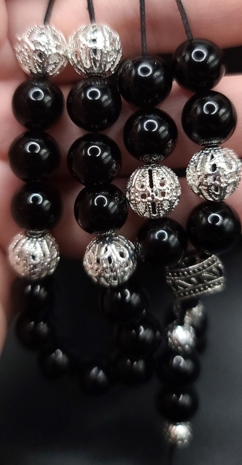 Black Obsidian and Silver Filigree Komboloi - Greek Worry Beads