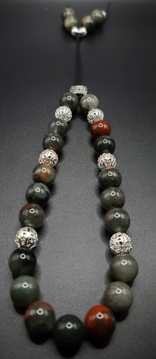 African Bloodstone and Silver Filigree Komboloi - Greek Worry Beads