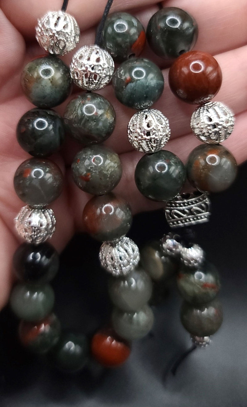 African Bloodstone and Silver Filigree Komboloi - Greek Worry Beads