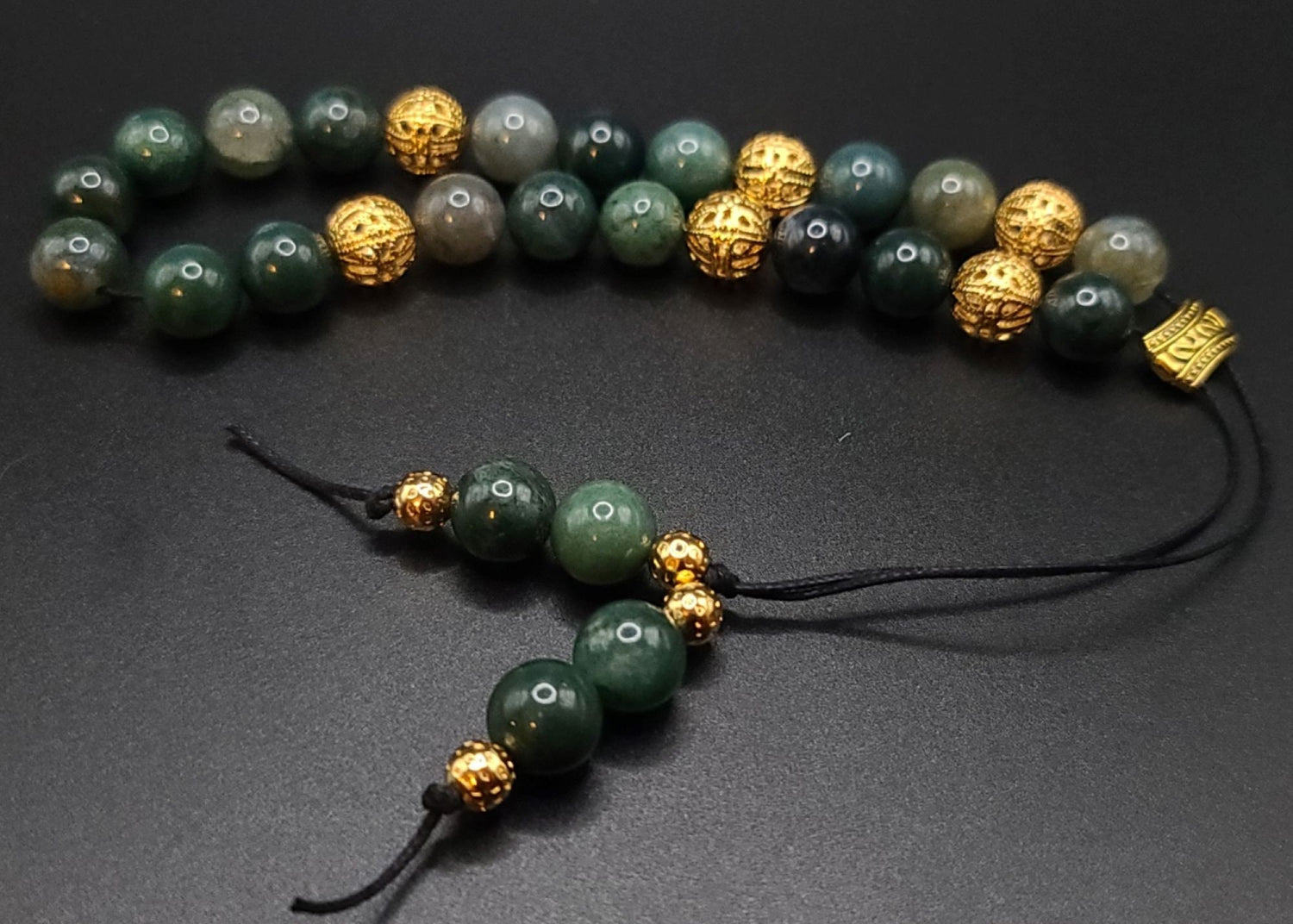 Moss Agate and Gold Filigree Komboloi - Greek Worry Beads