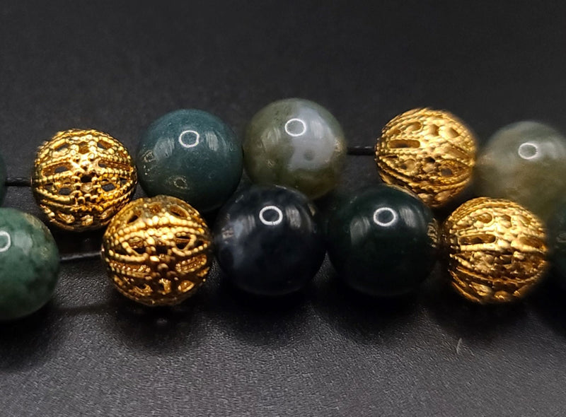 Moss Agate and Gold Filigree Komboloi - Greek Worry Beads