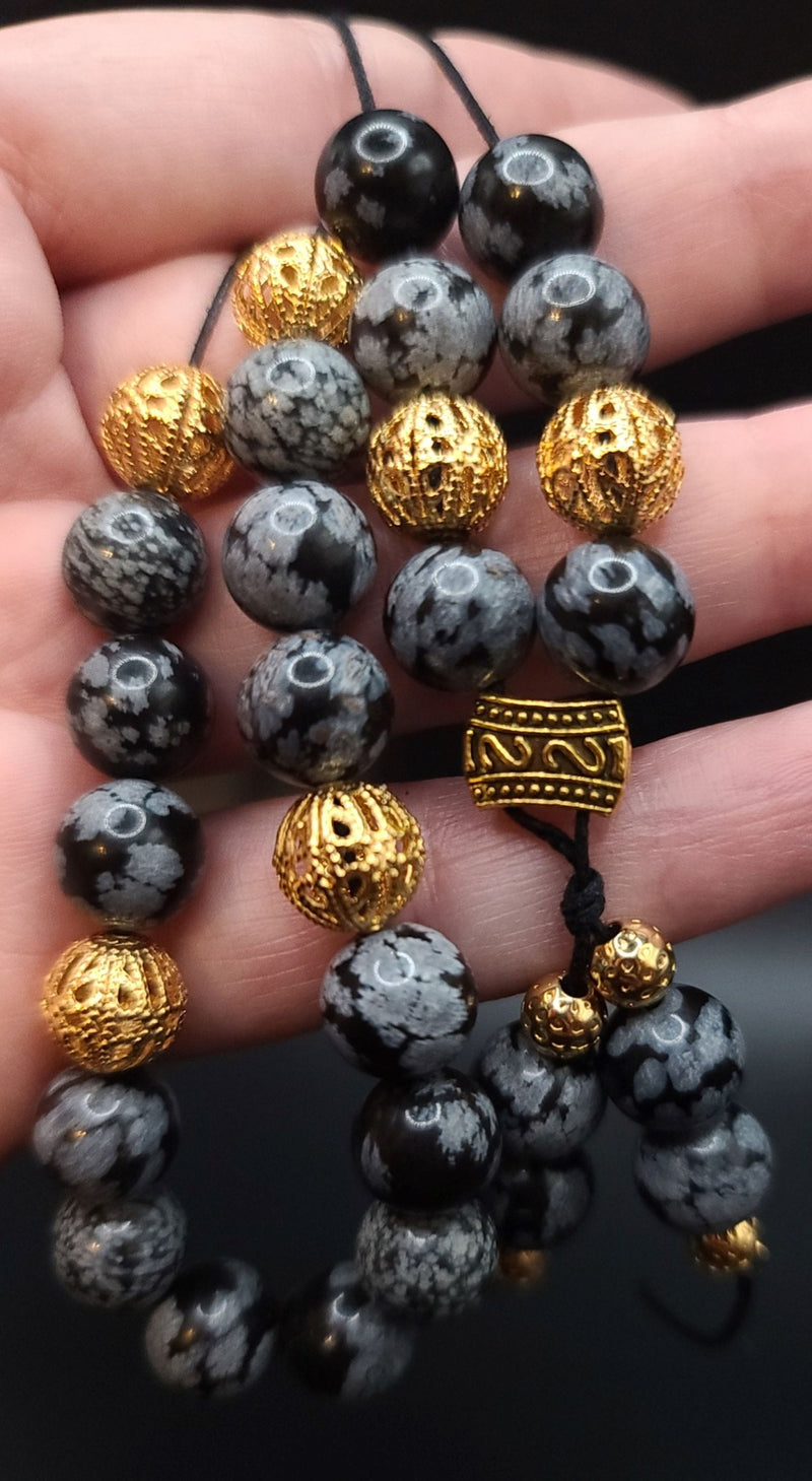 Snowflake Obsidian and Gold Filigree Komboloi - Greek Worry Beads