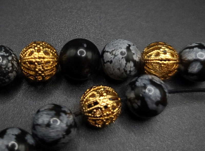 Snowflake Obsidian and Gold Filigree Komboloi - Greek Worry Beads