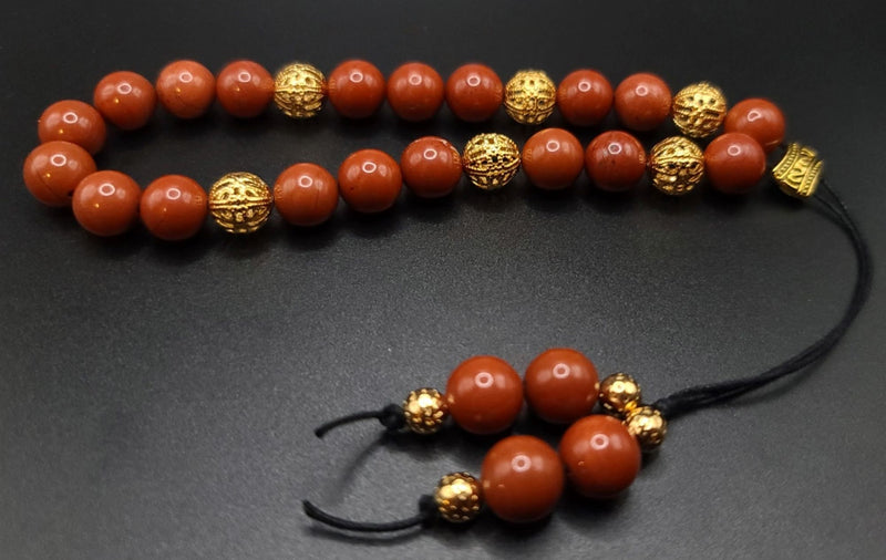 Red Jasper and Gold Filigree Komboloi - Greek Worry Beads