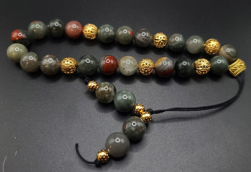 African Bloodstone and Gold Filigree Komboloi - Greek Worry Beads