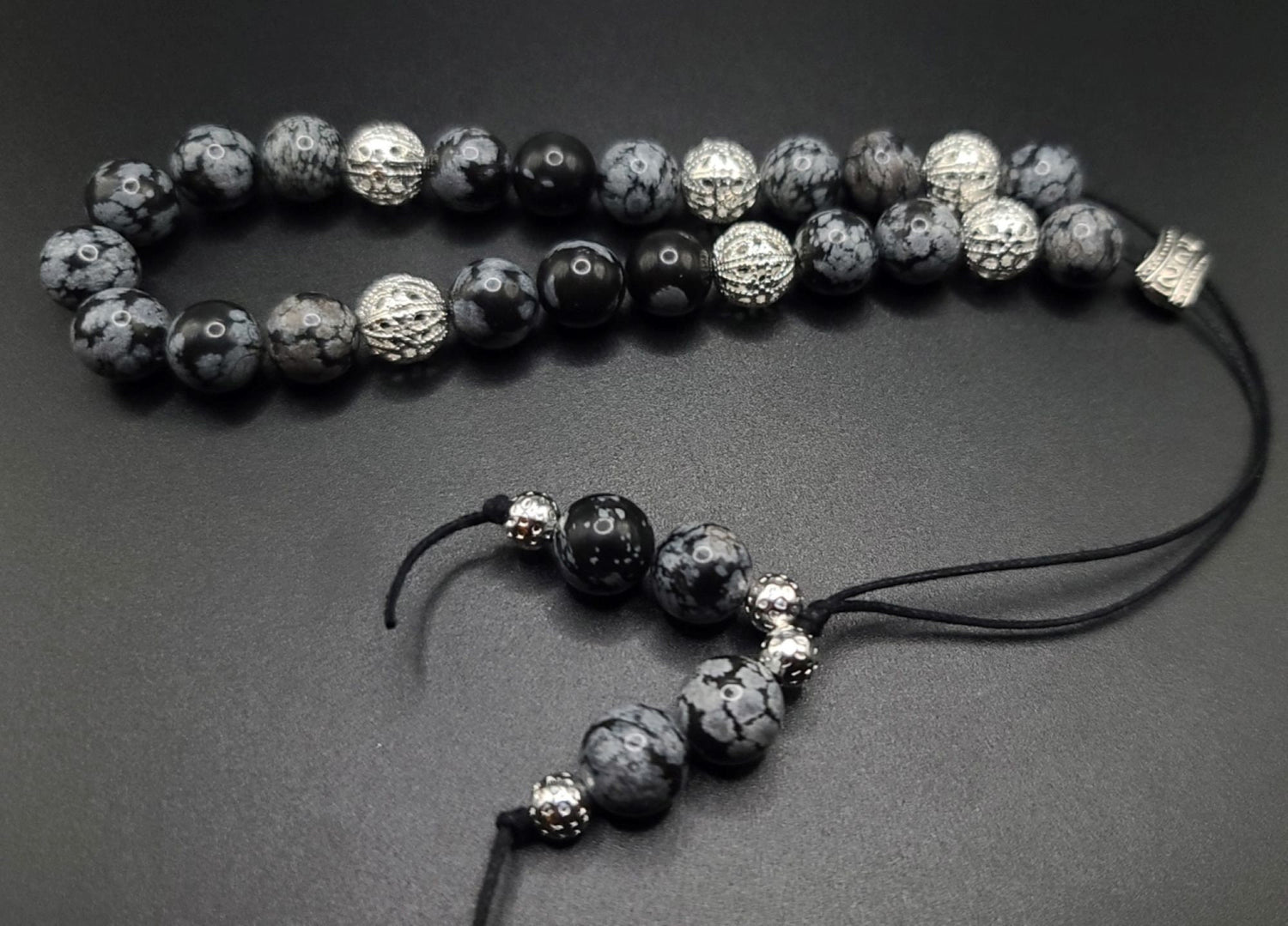 Snowflake Obsidian and Silver Filigree Komboloi - Greek Worry Beads