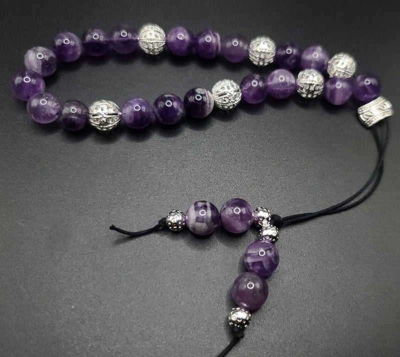 Amethyst and Silver Filigree Komboloi - Greek Worry Beads