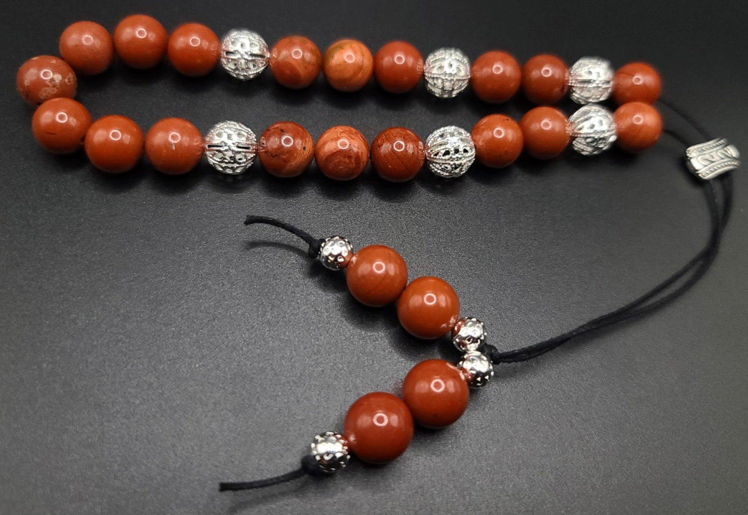 Red Jasper and Silver Filigree Komboloi - Greek Worry Beads