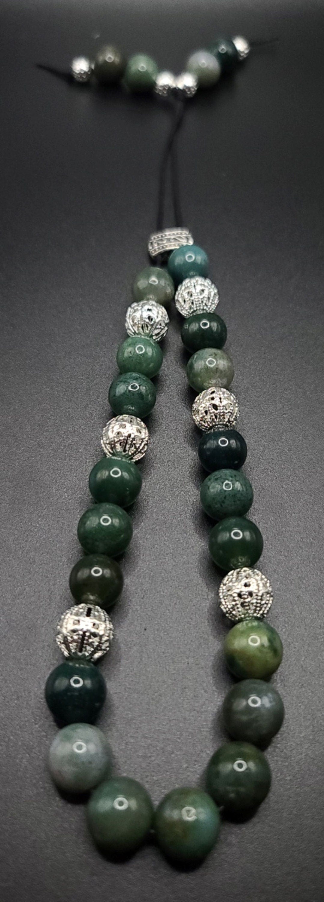 Moss Agate and Silver Filigree Komboloi - Greek Worry Beads