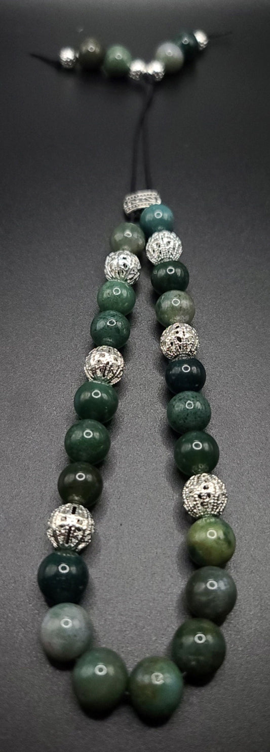 Moss Agate and Silver Filigree Komboloi - Greek Worry Beads