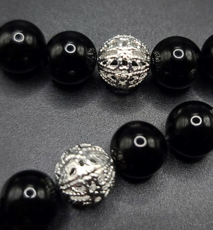 Black Obsidian and Silver Filigree Komboloi - Greek Worry Beads