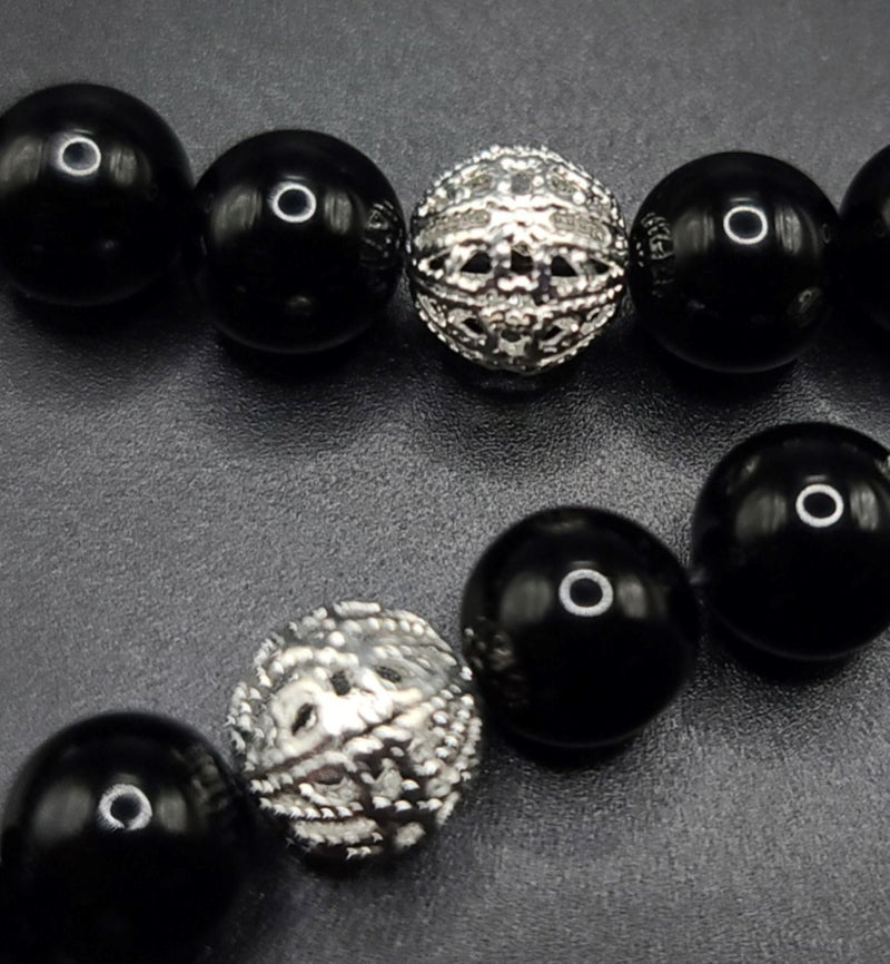 Black Obsidian and Silver Filigree Komboloi - Greek Worry Beads