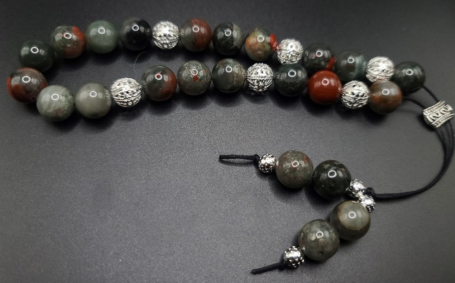 African Bloodstone and Silver Filigree Komboloi - Greek Worry Beads