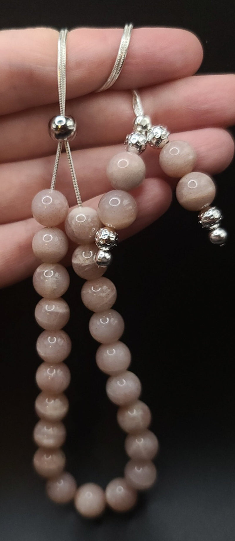 Pink Moonstone on Sterling Silver Komboloi - Greek Worry Beads