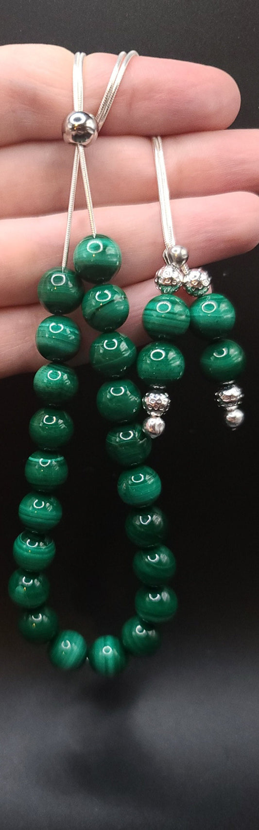 Malachite on Sterling Silver Komboloi - Greek Worry Beads