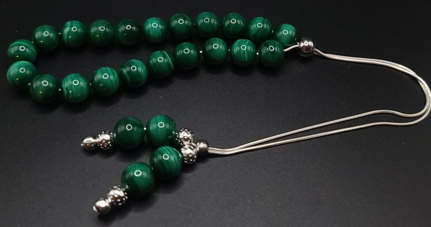 Malachite on Sterling Silver Komboloi - Greek Worry Beads