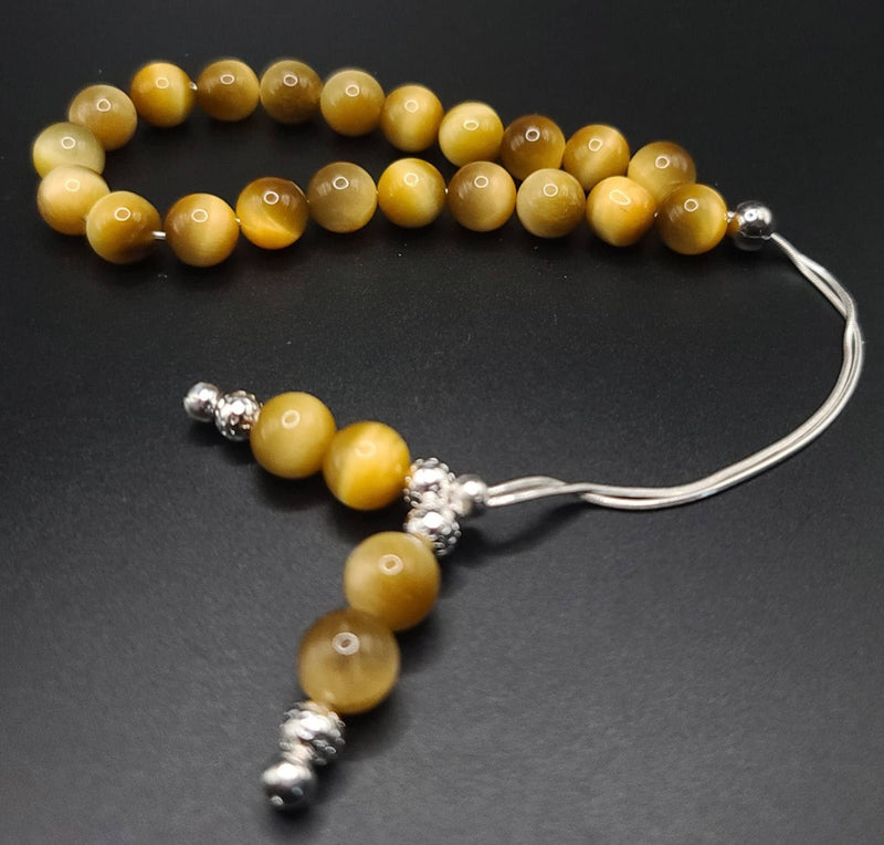 Honey Tiger Eye on Sterling Silver Komboloi - Greek Worry Beads