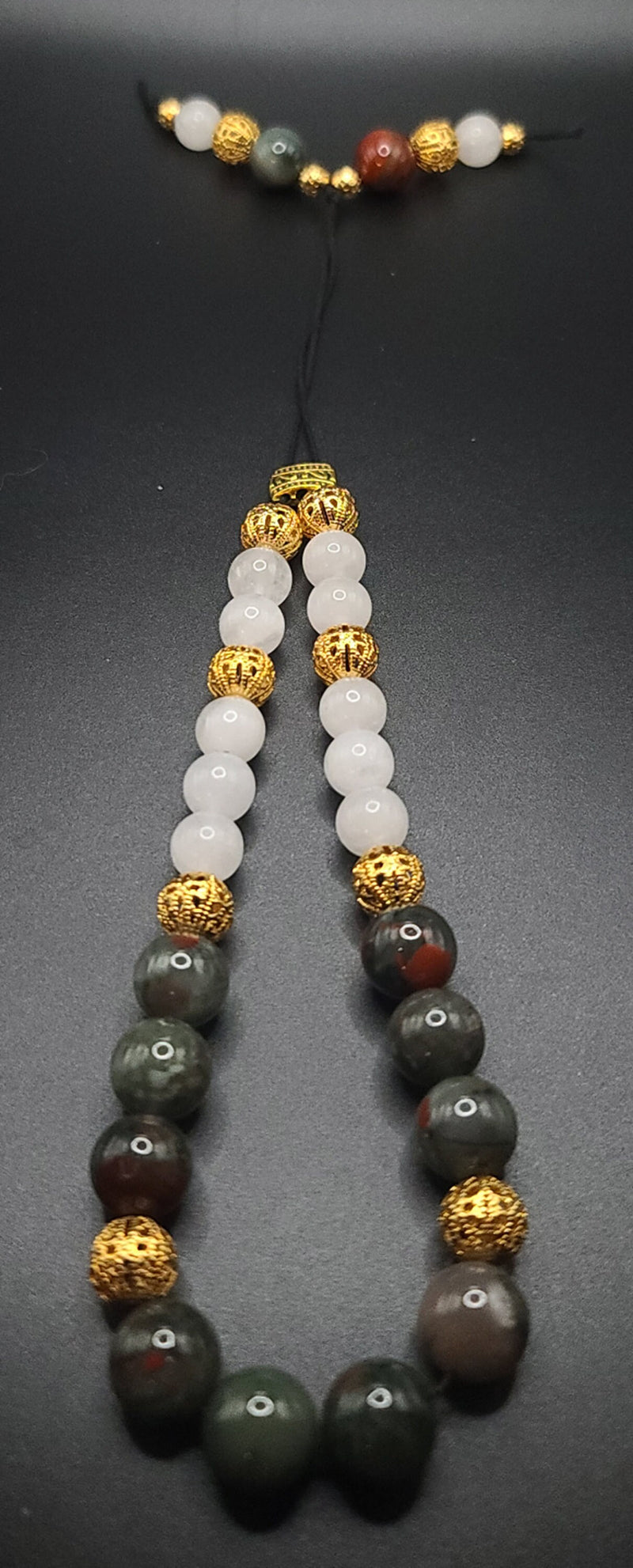 African Bloodstone, Snow Quartz, and Gold Filigree Komboloi - Greek Worry Beads