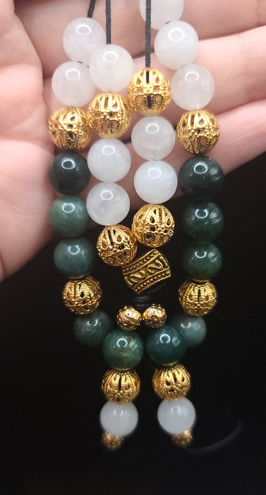 Moss Agate, Snow Quartz, and Gold Filigree Komboloi - Greek Worry Beads