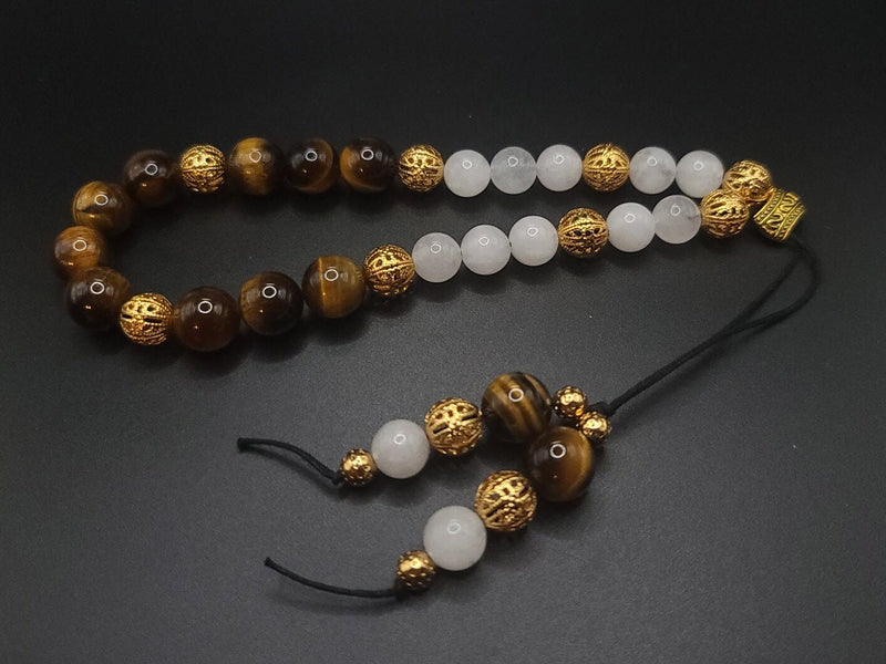 Tiger Eye, Snow Quartz, and Gold Filigree Komboloi - Greek Worry Beads