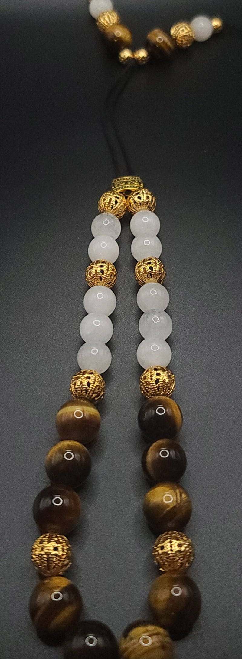 Tiger Eye, Snow Quartz, and Gold Filigree Komboloi - Greek Worry Beads