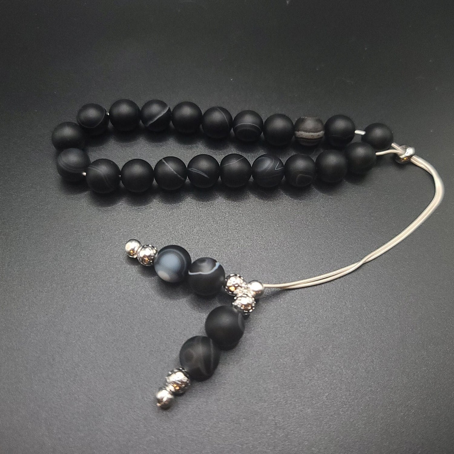 Black Sardonyx on Sterling Silver Komboloi - Greek Worry Beads