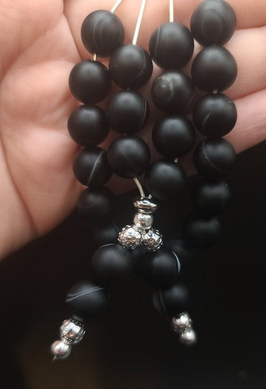 Black Sardonyx on Sterling Silver Komboloi - Greek Worry Beads